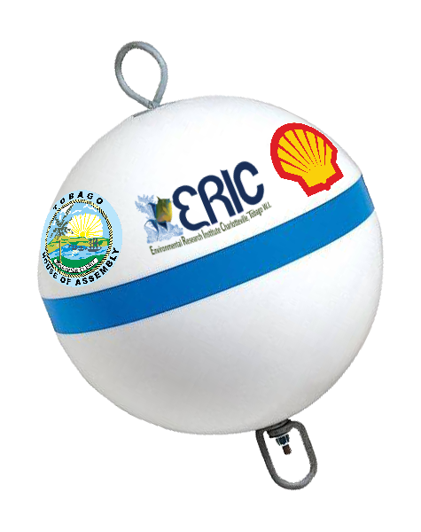 White mooring buoy with blue stripe, number sticker and stakeholder logos