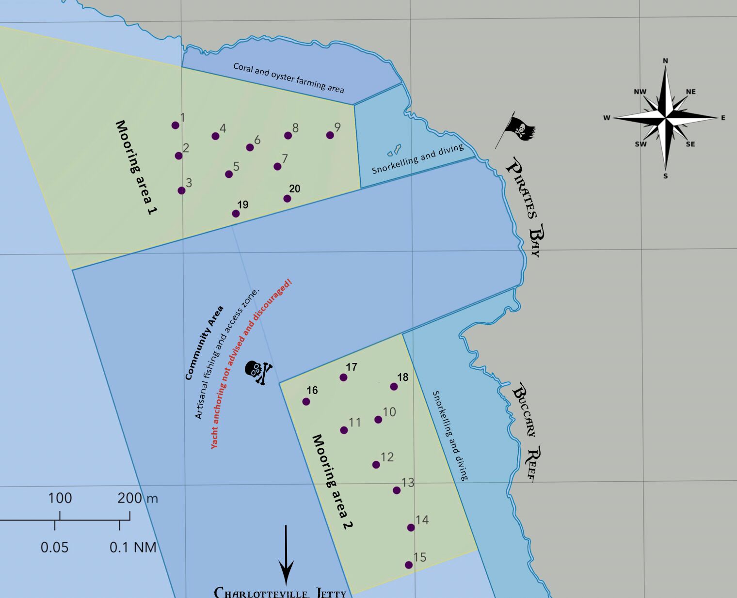 Map of Man-o-War Bay showing mooring area 1 (moorings 1–9, 19, 20) by Pirates Bay and mooring area 2 (moorings 10–18) by Buccary Reef